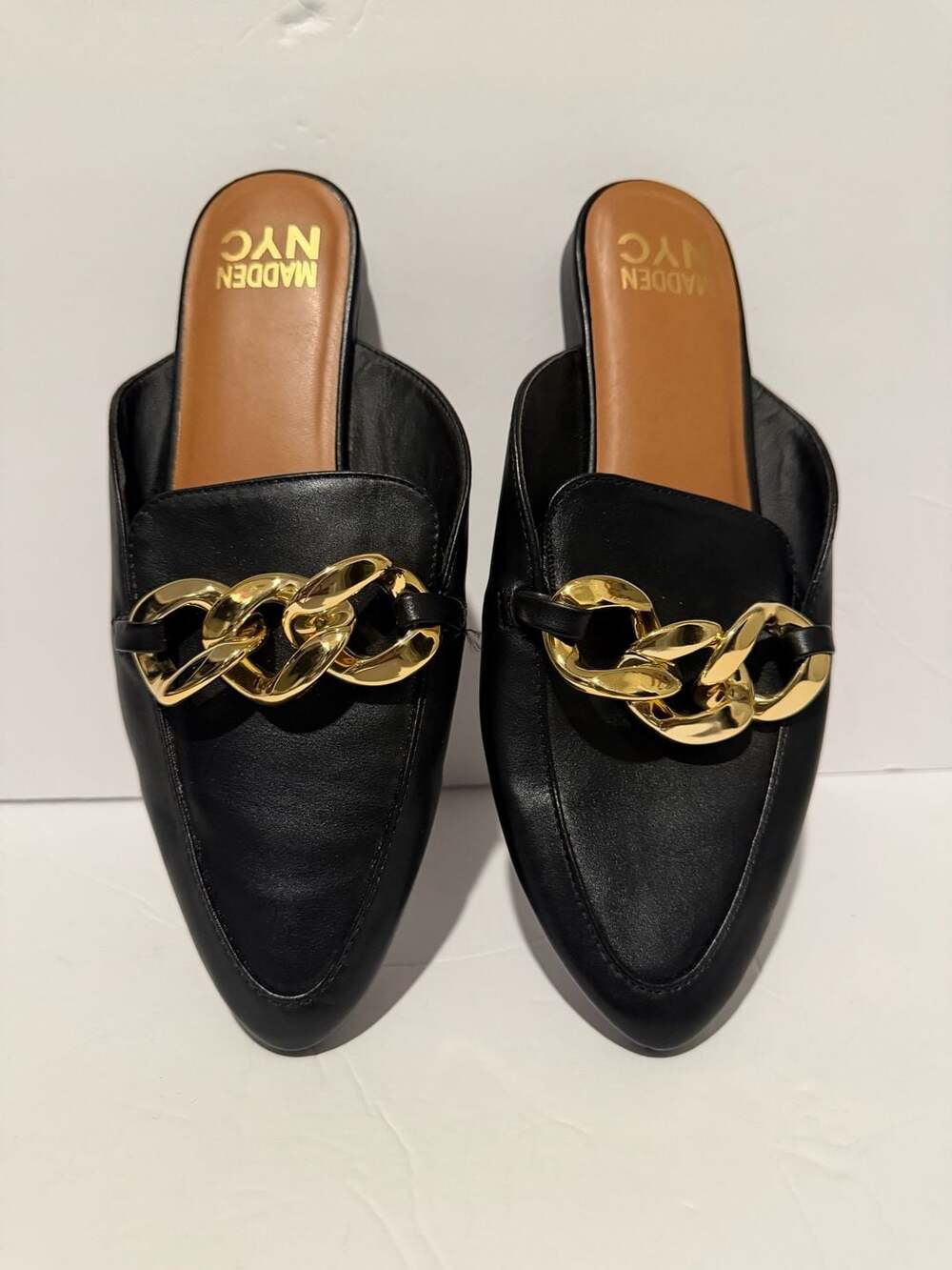 Madden NYC Women's Black Pointed Toe Gold Chain Mule Loafers Size 8